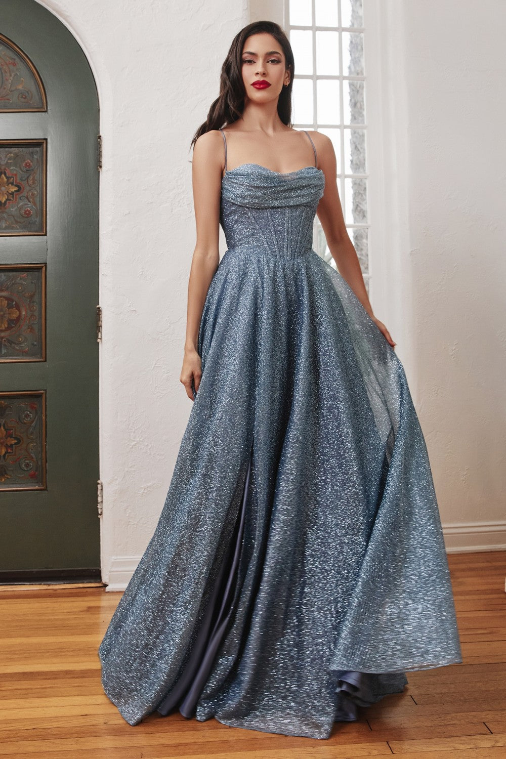 Smoky-blue Glitter A-Line Slit Gown CD252C - Women Evening Formal Gown - Curves