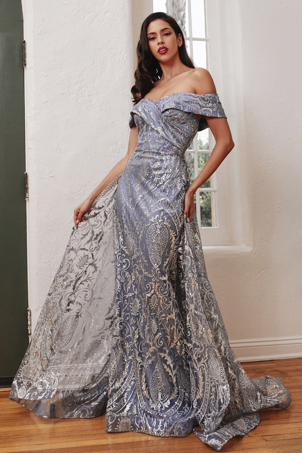 Smoky-blue Off The Shoulder with Over Skirt Gown J836 - Women Evening Formal Gown - Special Occasion-Curves