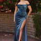 Smoky-blue Velvet Off The Shoulder Corset Slit Gown - Women Evening Formal Gown CD236 - Special Occasion