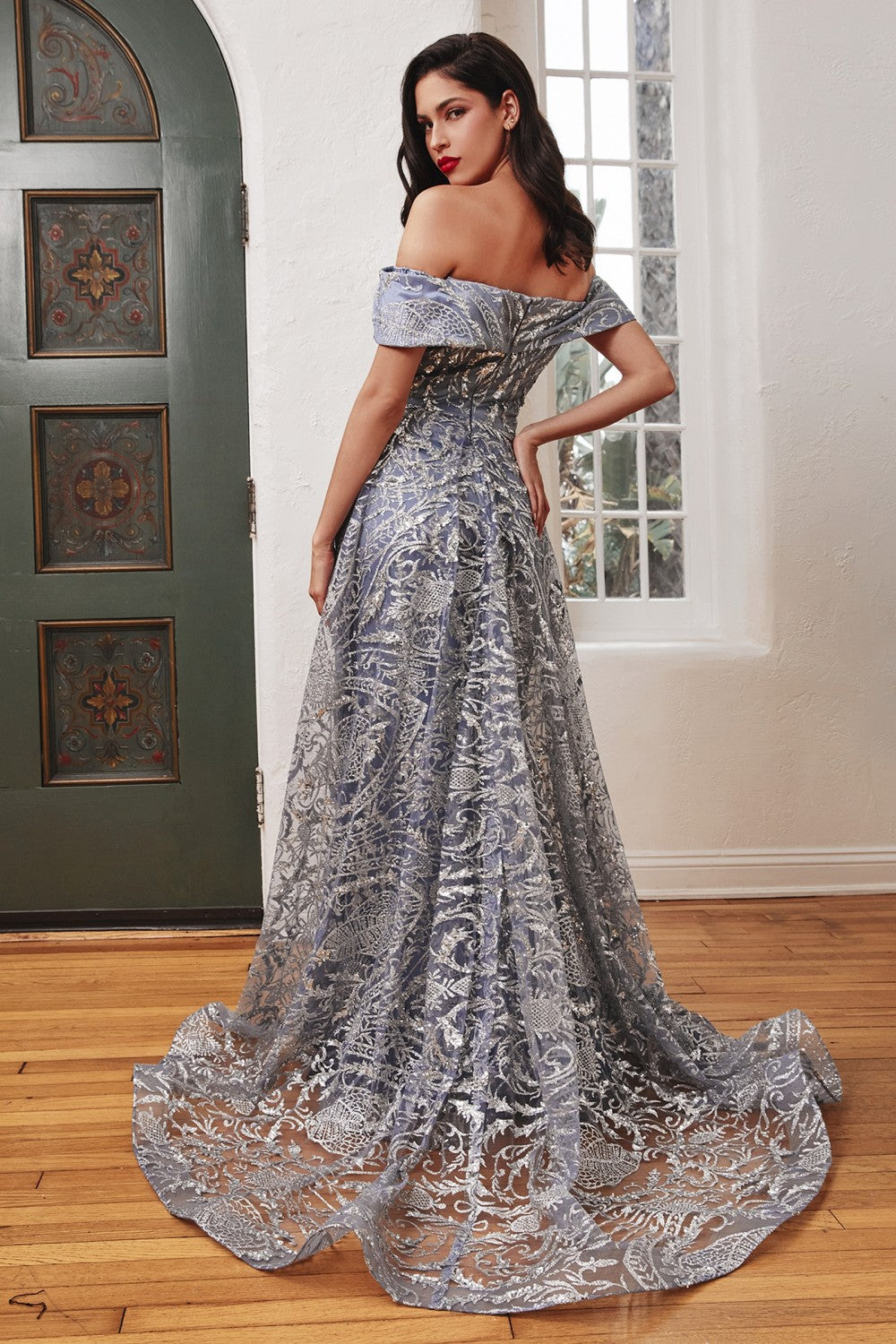 Smoky-blue_1 Off The Shoulder with Over Skirt Gown J836 - Women Evening Formal Gown - Special Occasion-Curves