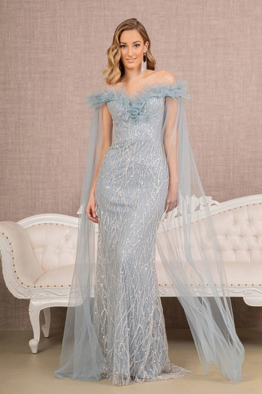 Smoky Blue Sequin Bead Strapless Mesh Mermaid Dress GL3120 - Women Formal Dress -Special Occasion-Curves