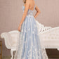 Smoky Blue_1 Feather Sheer Bodice A-line Dress GL3134 - Women Formal Dress - Special Occasion-Curves