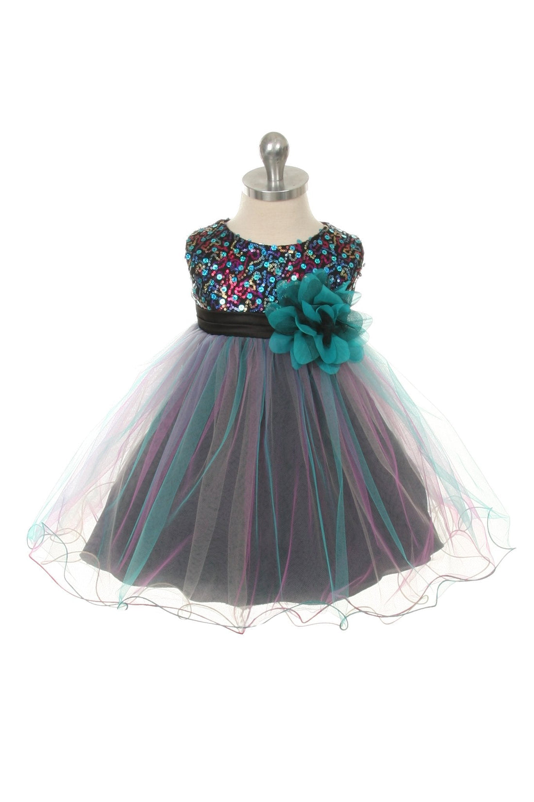 Teal Blue Baby Tulle Multi-Sequin Party Dress-AS328