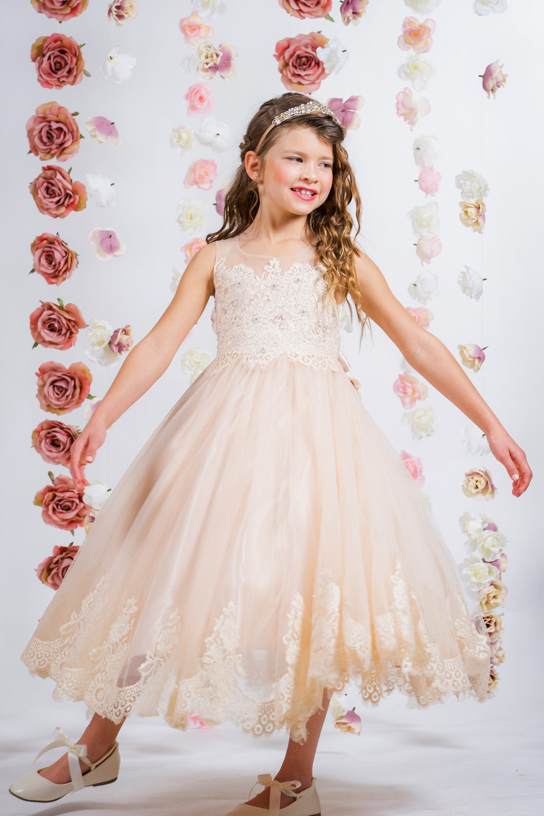 Vintage Rose Girl Dress - Lace Applique Illusion Bateau Dress - AS7007 Kids Dream