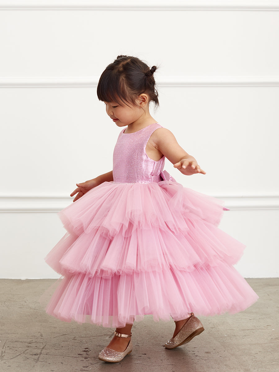 Violet Pink_1 Girl Dress with Metallic Glitter Bodice Tulle Skirt Dress - AS5790