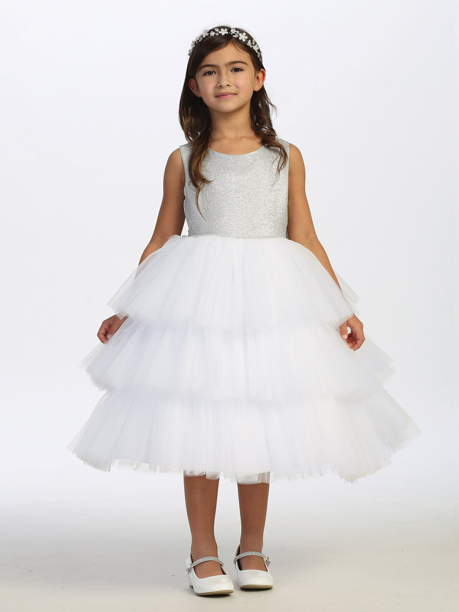 Wh-silver Girl Dress with Metallic Glitter Bodice Tulle Skirt Dress - AS5790