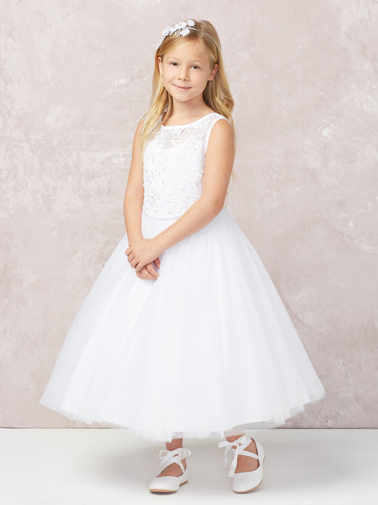 White Girl Dress with Applique Bodice Tulle Skirt - AS5747