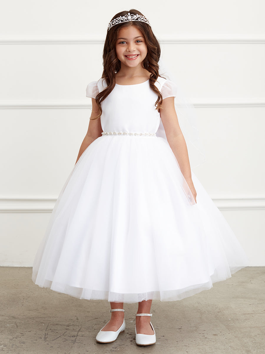 White Girl Dress with Cap Sleeve and Tulle Skirt Dress - AS5832