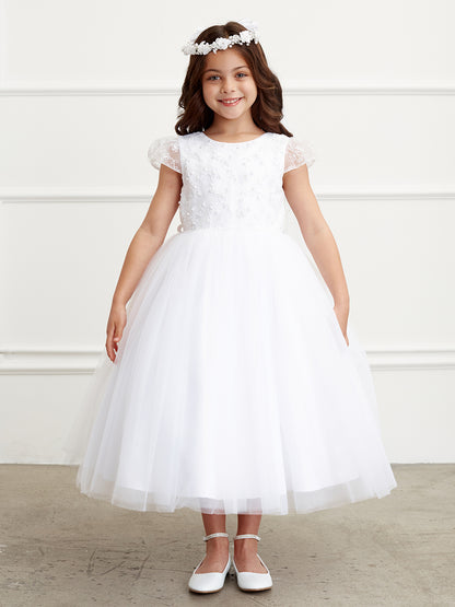 White Girl Dress with Cap Sleeved Lace Bodice Dress - AS5831