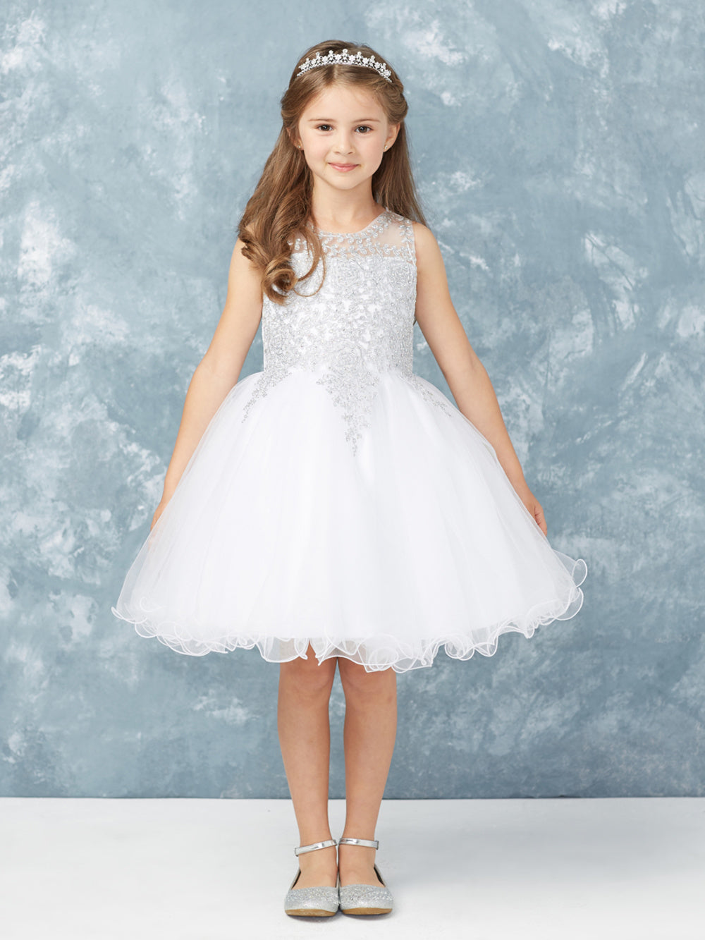 White Girl Dress with Floral Applique Bodice - AS7013