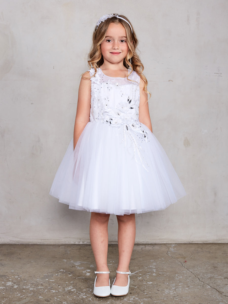 White Girl Dress with Flowers Rhinestone Bodice - AS7027