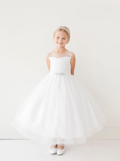 White Girl Dress with Illusion Neckline Dress - AS5712