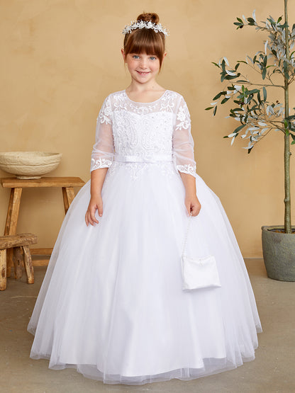 White Girl Dress with Illusion Neckline and Applique Dress - AS5830