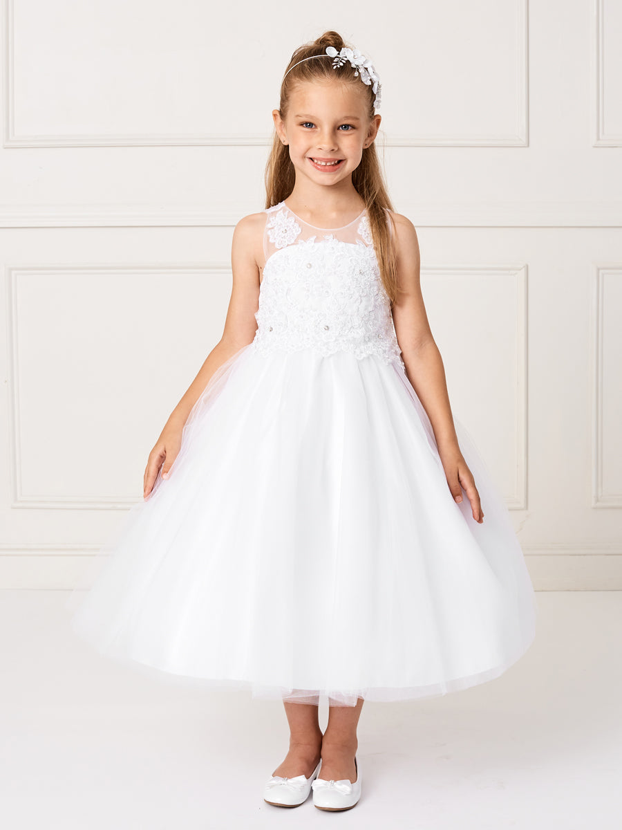 White Girl Dress with Lace Applique Bodice - AS5772