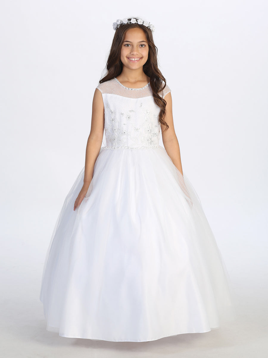 White Girl Dress with Lace Applique Tulle Skirt by TIPTOP KIDS - AS5721