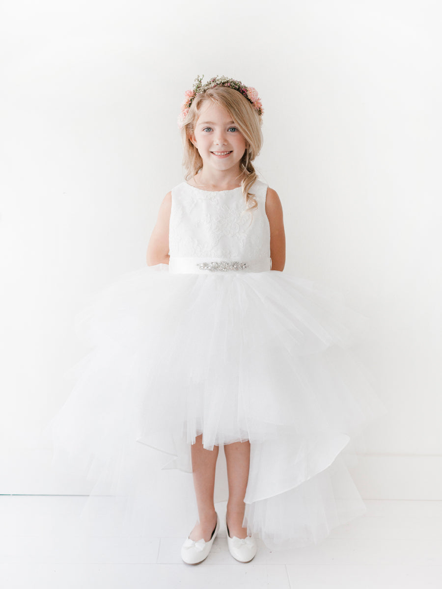 White Girl Dress with Lace Bodice and Beaded Sash Dress - AS5722