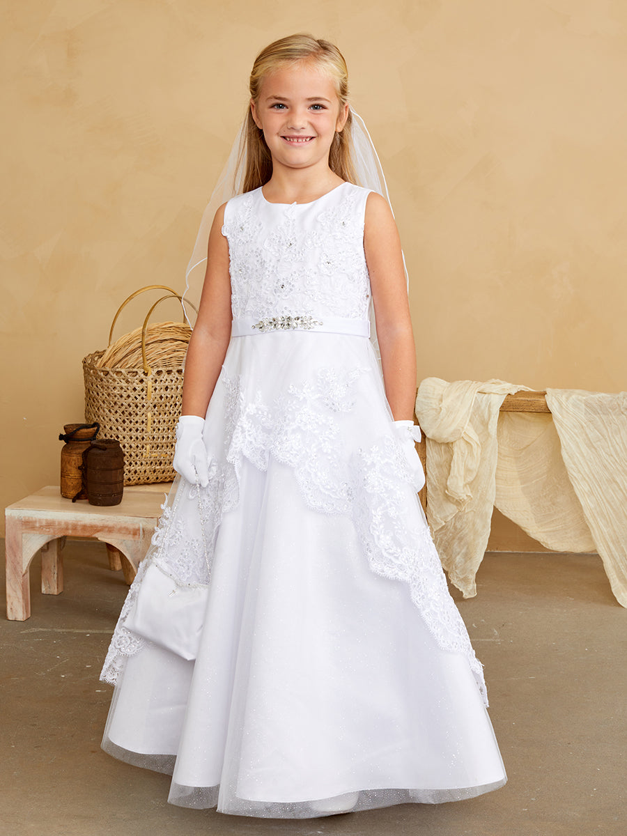White Girl Dress with Lace Bodice and Overlay Skirt - AS5838