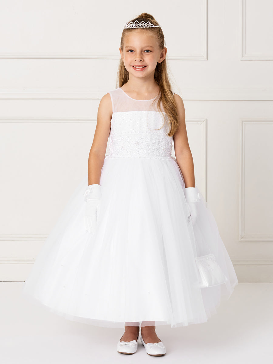 White Girl Dress with Lace Bodice with Illusion Neckline Dress - AS5810