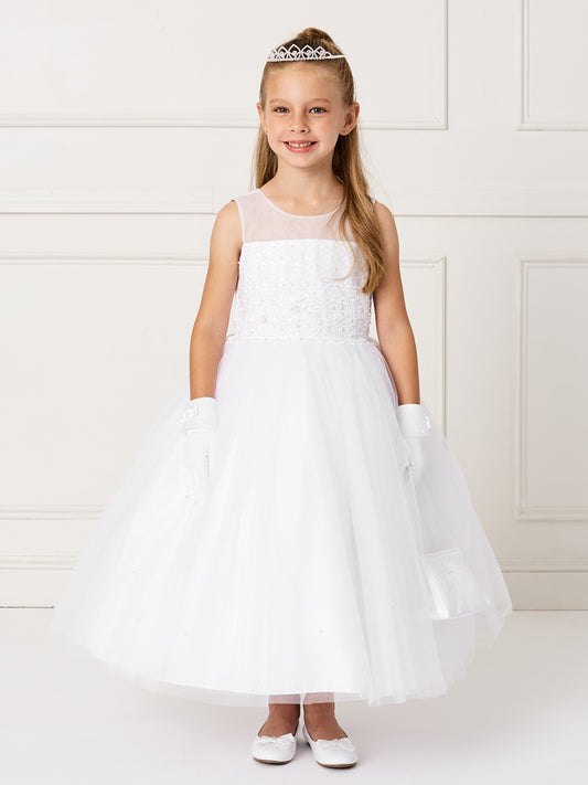 White Girl Dress with Lace Bodice with Illusion Neckline Dress - AS5810