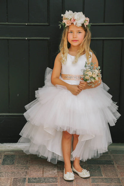 White Girl Dress with Ruffled Tulle High-Low Dress - AS5658