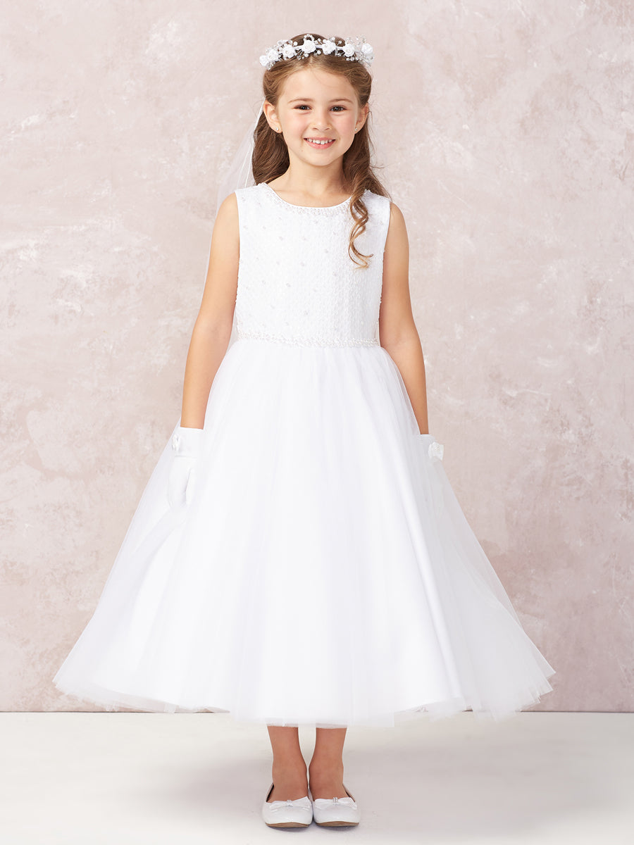 White Girl Dress with Sequin and Tulle Skirt Dress - AS5752
