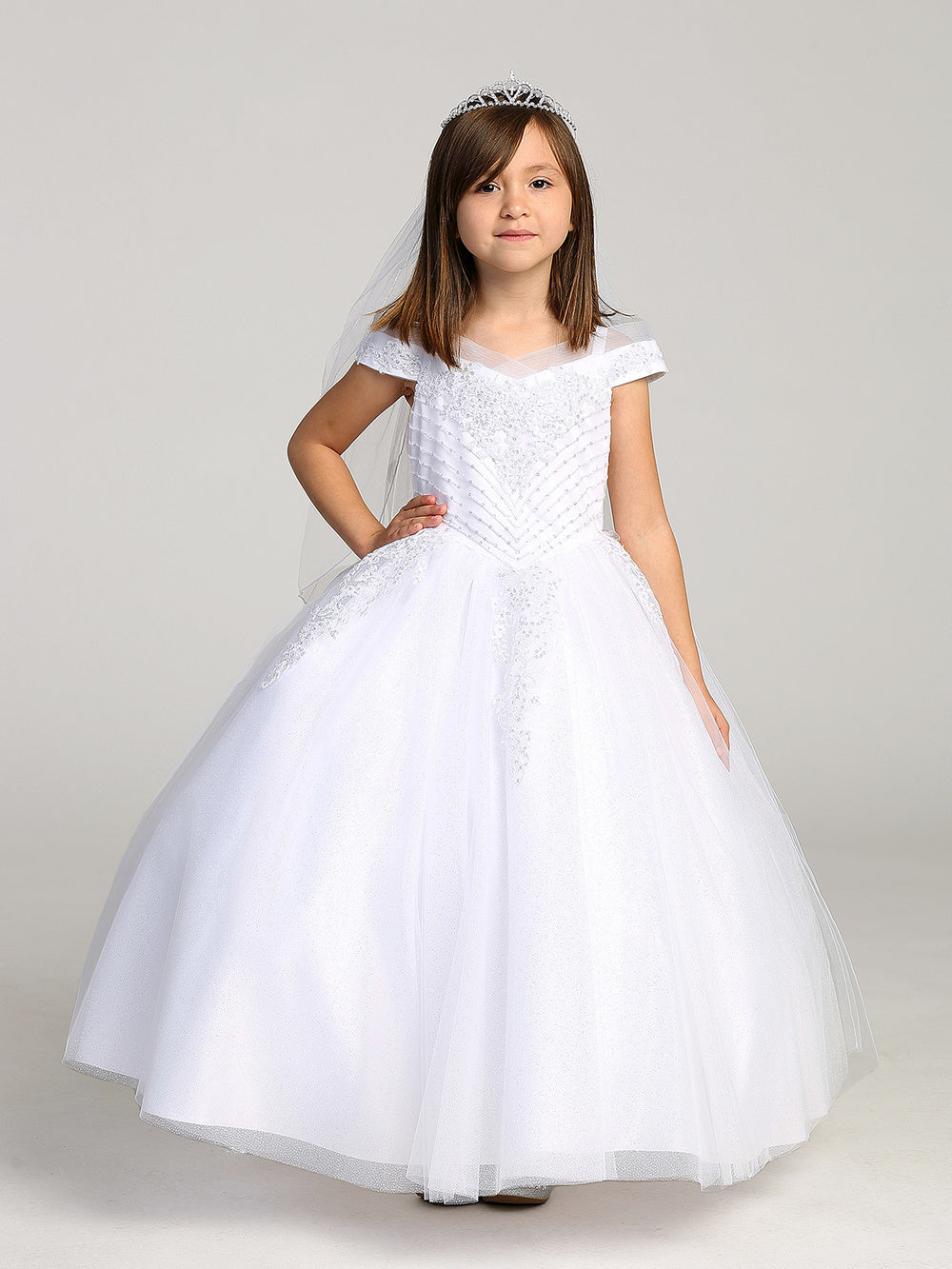 White Girl Dress with Sequins Off-Shoulder Bodice - AS7035