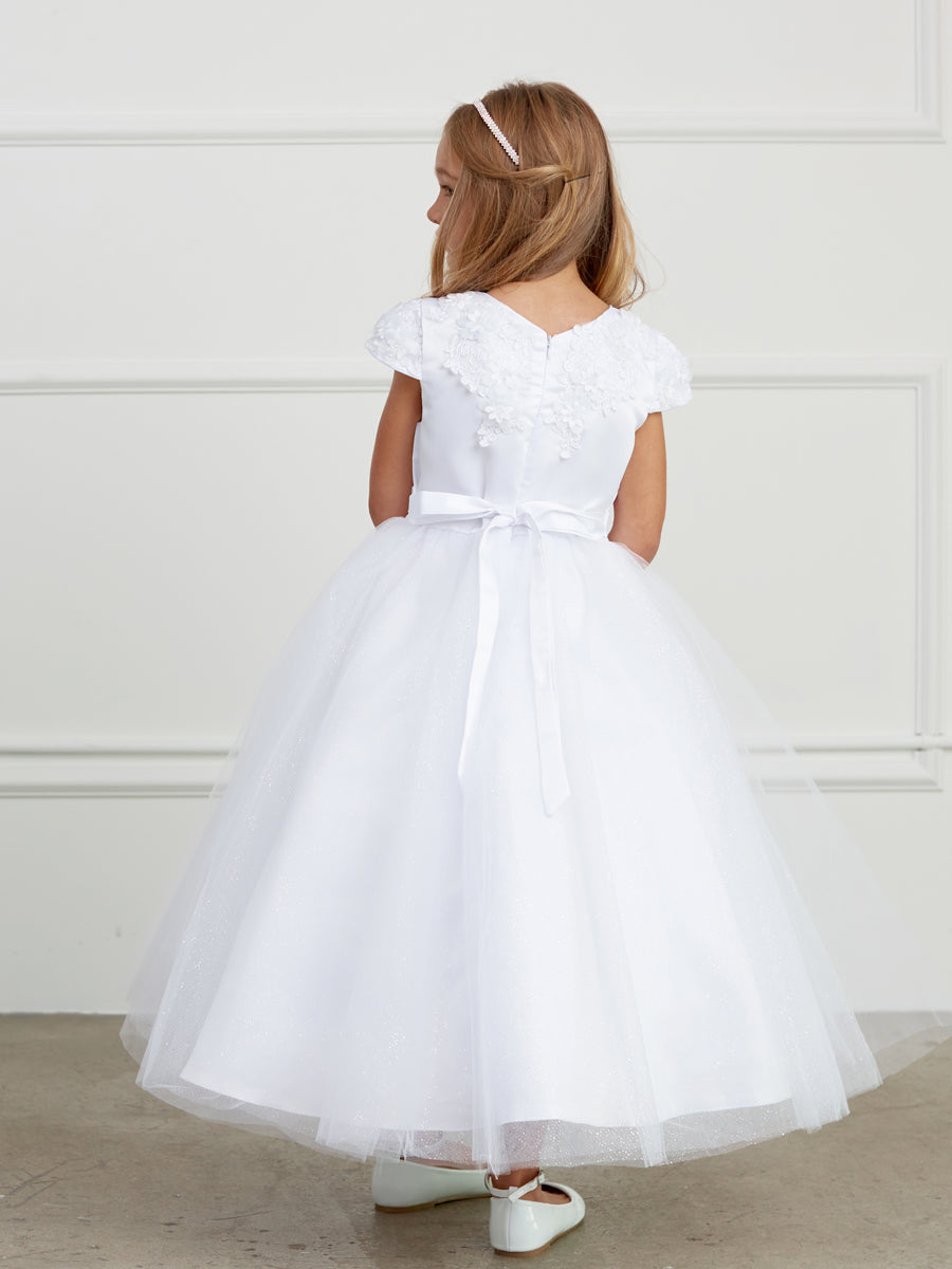 White_1 Girl Dress with 3D Flower on Neckline Dress - AS5823