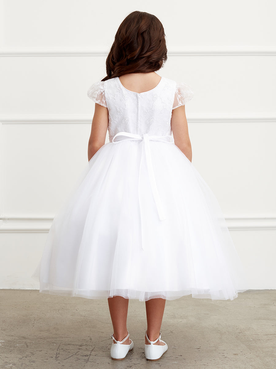 White_1 Girl Dress with Cap Sleeved Lace Bodice Dress - AS5831