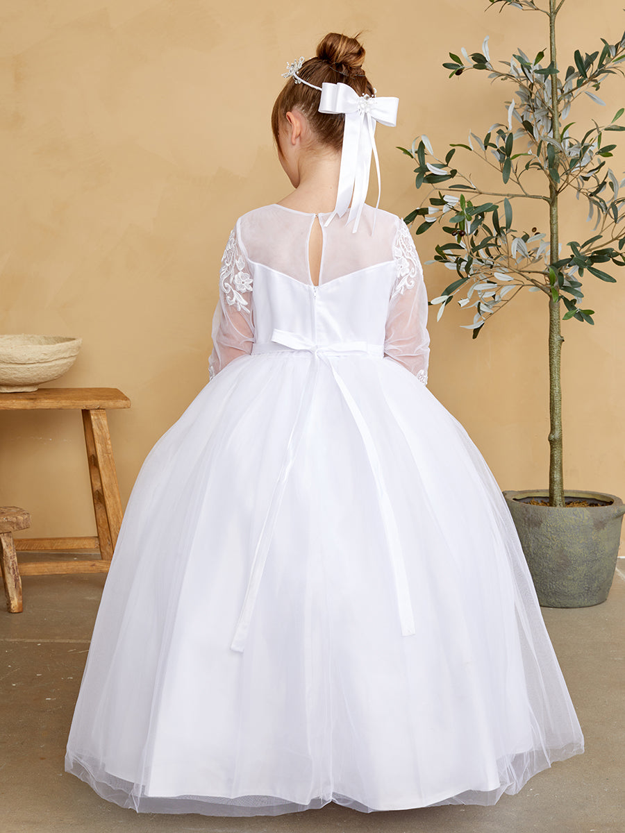 White_1 Girl Dress with Illusion Neckline and Applique Dress - AS5830