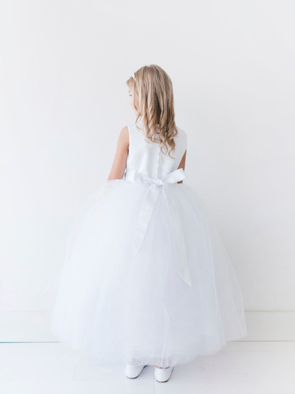 White_1 Girl Dress with Satin Bodice and Tulle Skirt Dress - AS5700