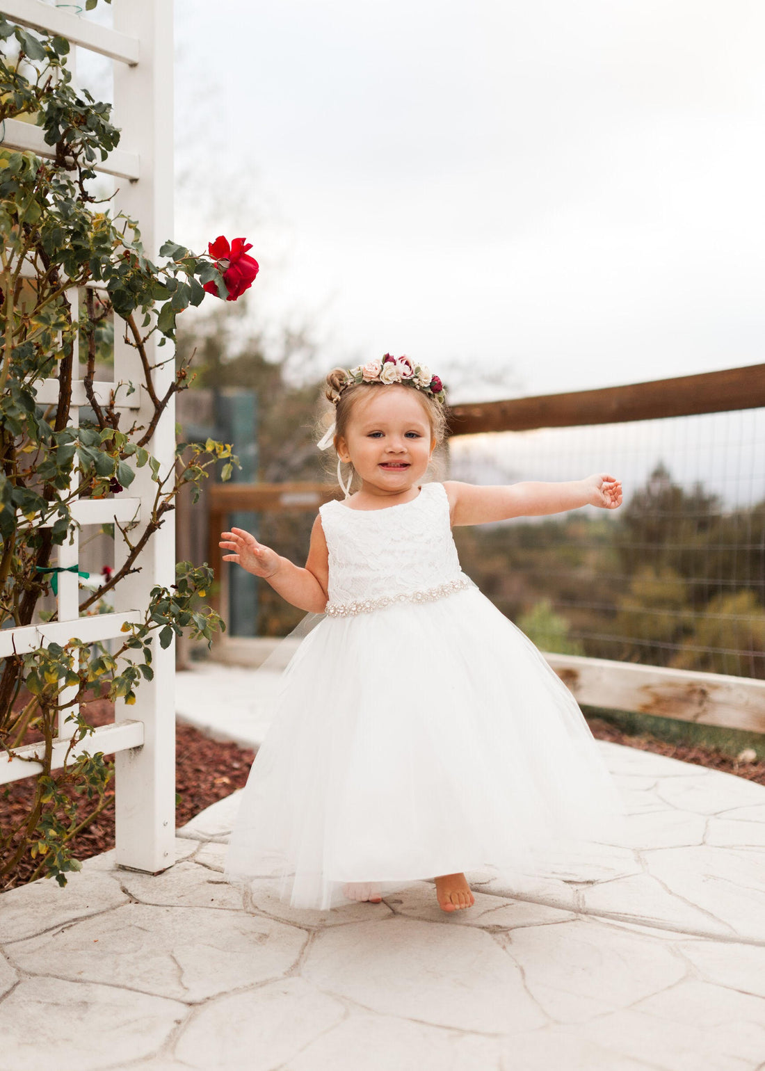 Lace Illusion Baby Dress with Rhinestone Trim S-6M / Off-White