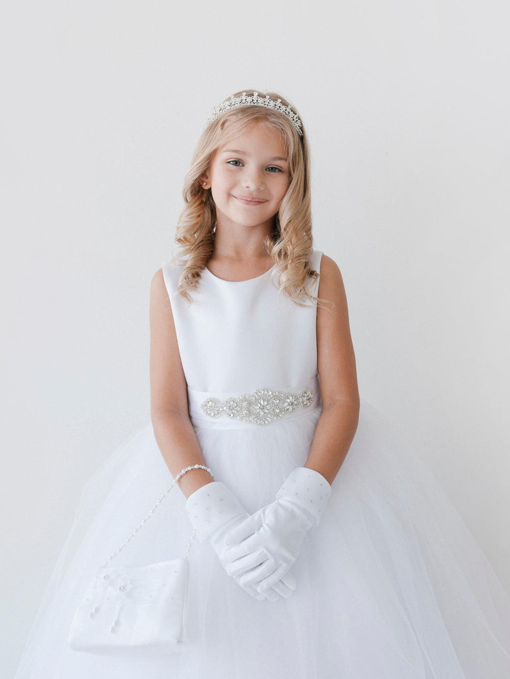 White_2 Girl Dress with Satin Bodice and Tulle Skirt Dress - AS5700
