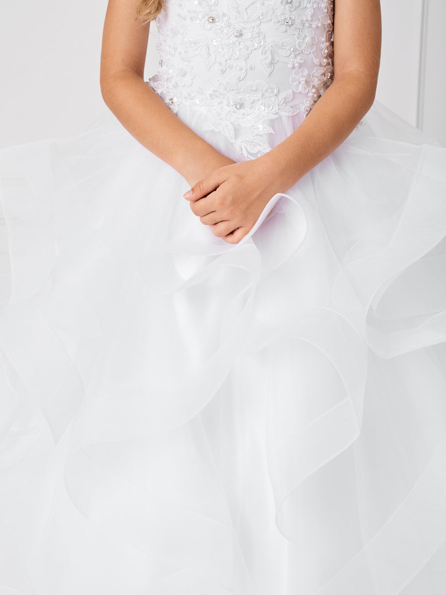 White_2 Girl Dress with Sleeveless Illusion Neckline Pageant Dress - AS7018