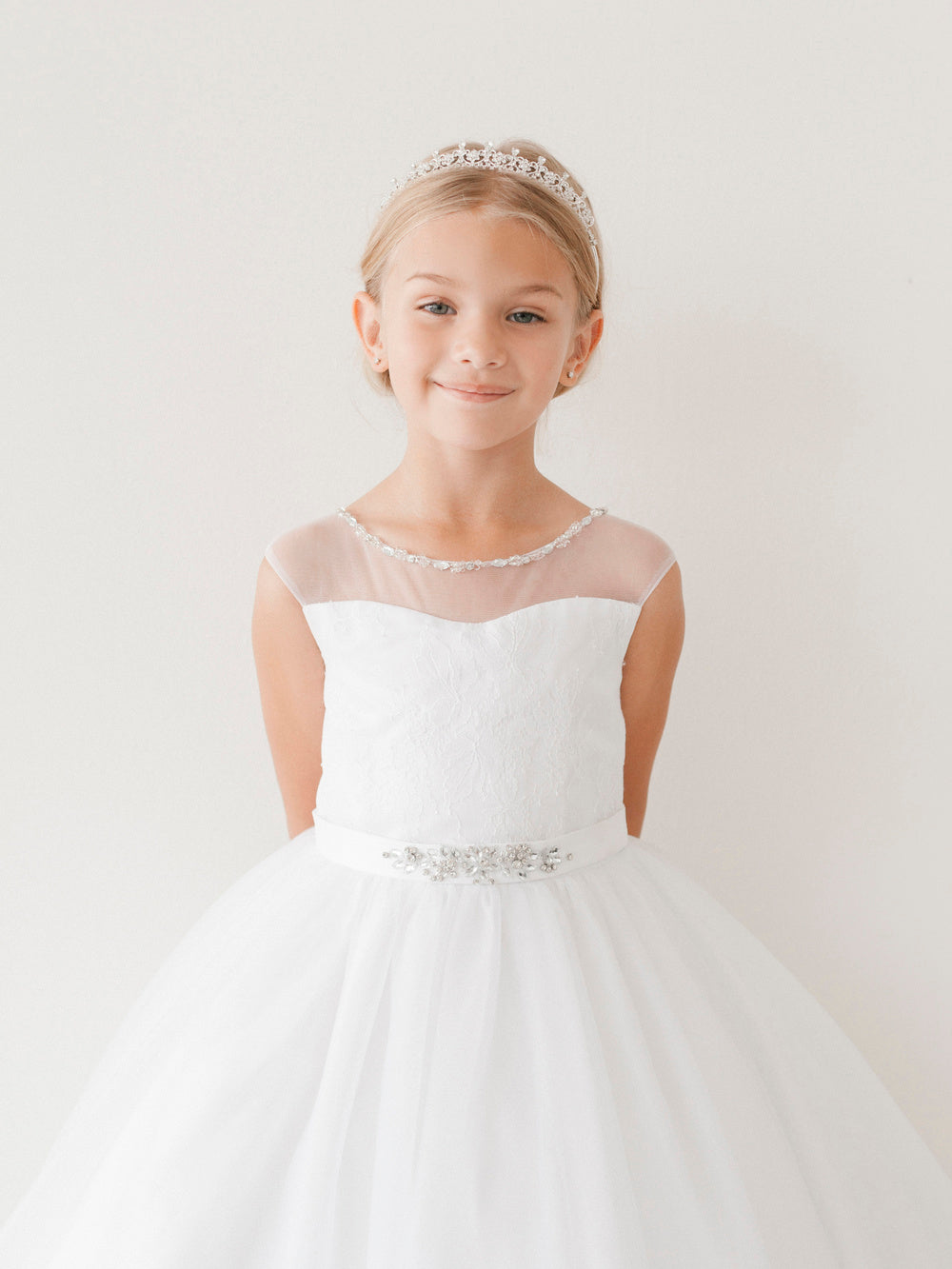 White_3 Girl Dress with Illusion Neckline Dress - AS5712