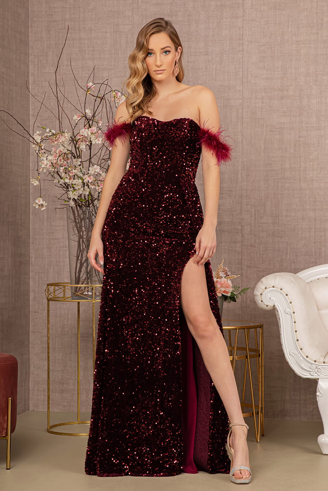 Wine Feather Sequin Velvet Mermaid Slit Gown GL3163 - Women Formal Dress - Special Occasion-Curves
