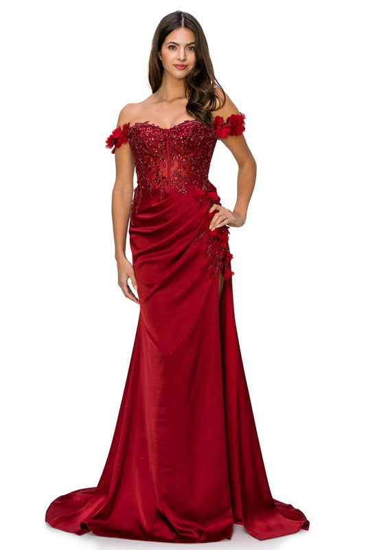 Wine Floral Off The Shoulder Gown AS8050J - Special Occasion-Curves