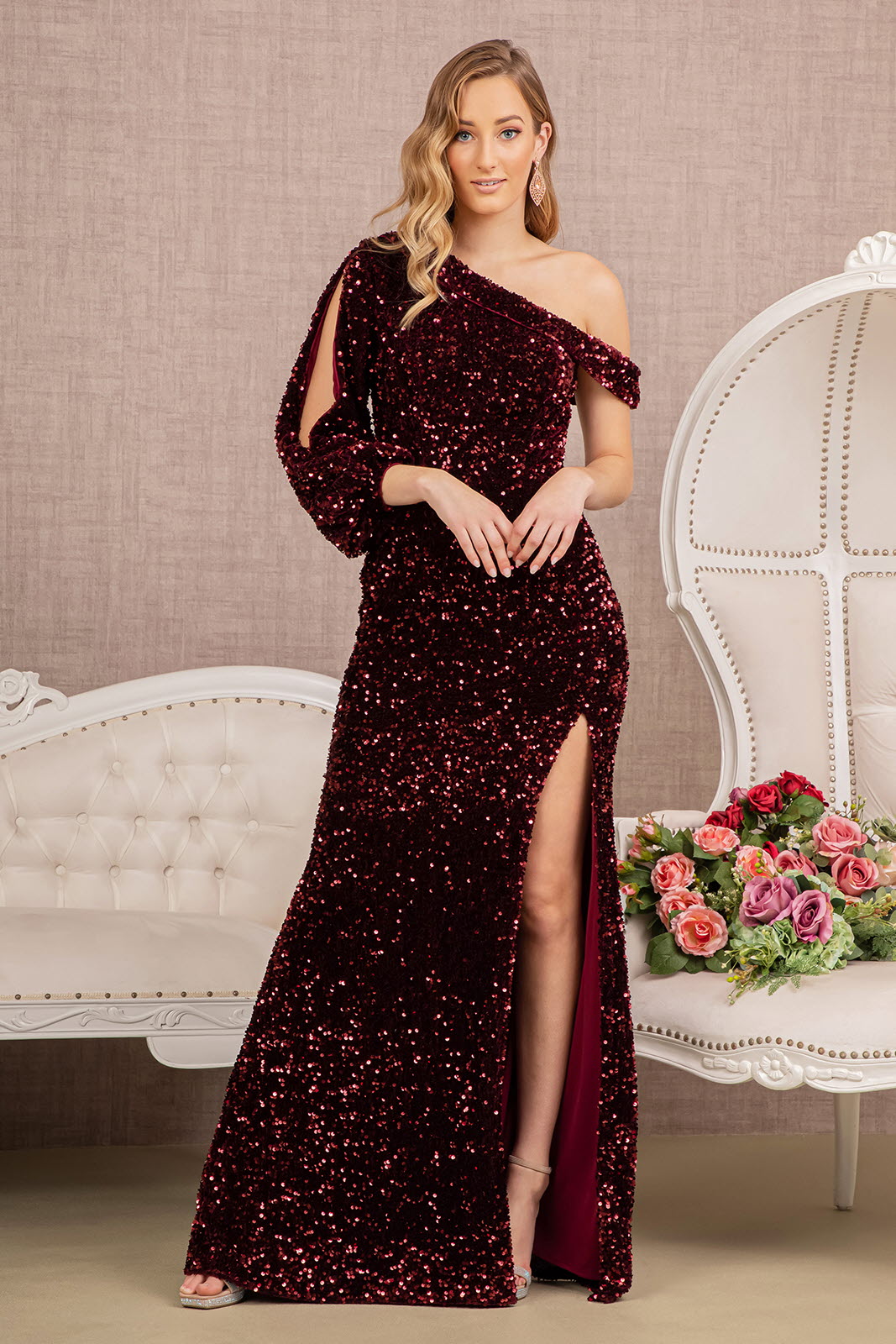 Wine Sequin Asymmetric Velvet Mermaid Dress - GL3159 - Special Occasion-Curves