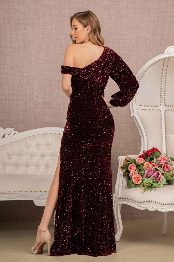 Wine_1 Sequin Asymmetric Velvet Mermaid Dress - GL3159 - Special Occasion-Curves