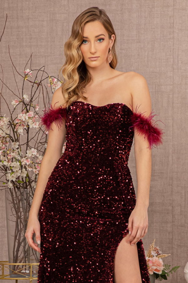 Wine_2 Feather Sequin Velvet Mermaid Slit Gown GL3163 - Women Formal Dress - Special Occasion-Curves