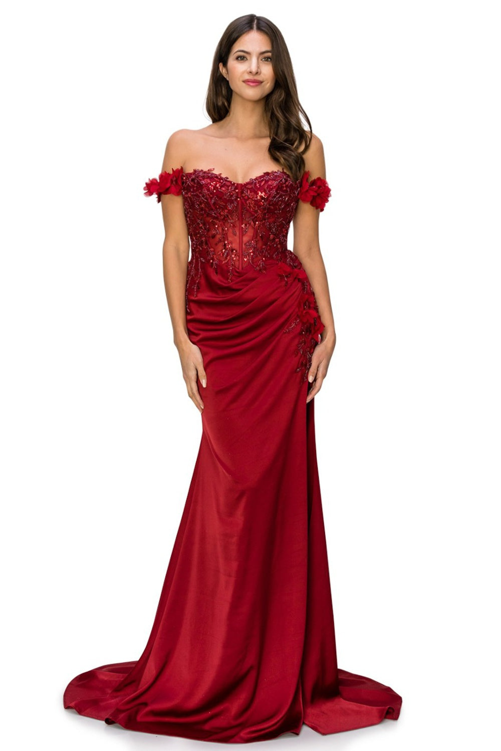 Wine_2 Floral Off The Shoulder Gown AS8050J - Special Occasion-Curves
