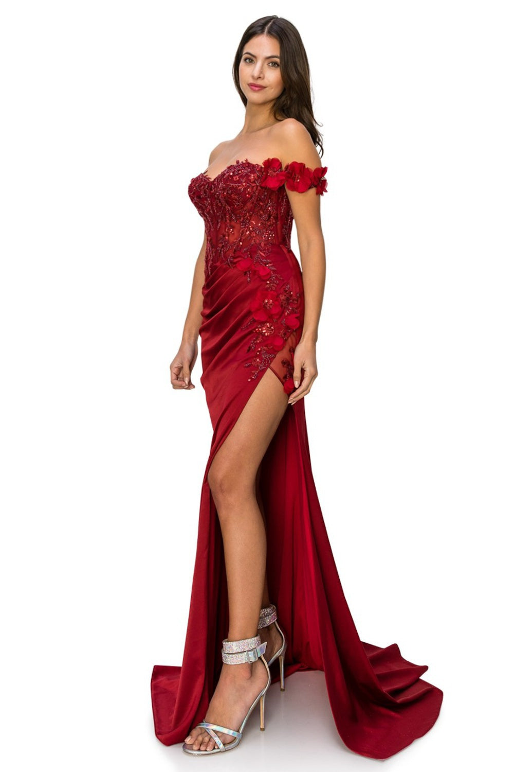 Wine_3 Floral Off The Shoulder Gown AS8050J - Special Occasion-Curves