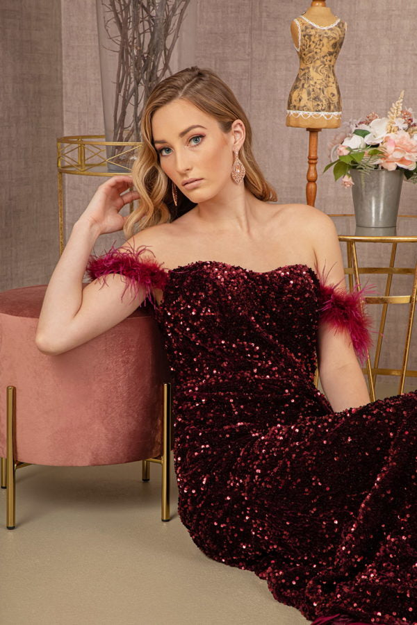 Wine_4 Feather Sequin Velvet Mermaid Slit Gown GL3163 - Women Formal Dress - Special Occasion-Curves