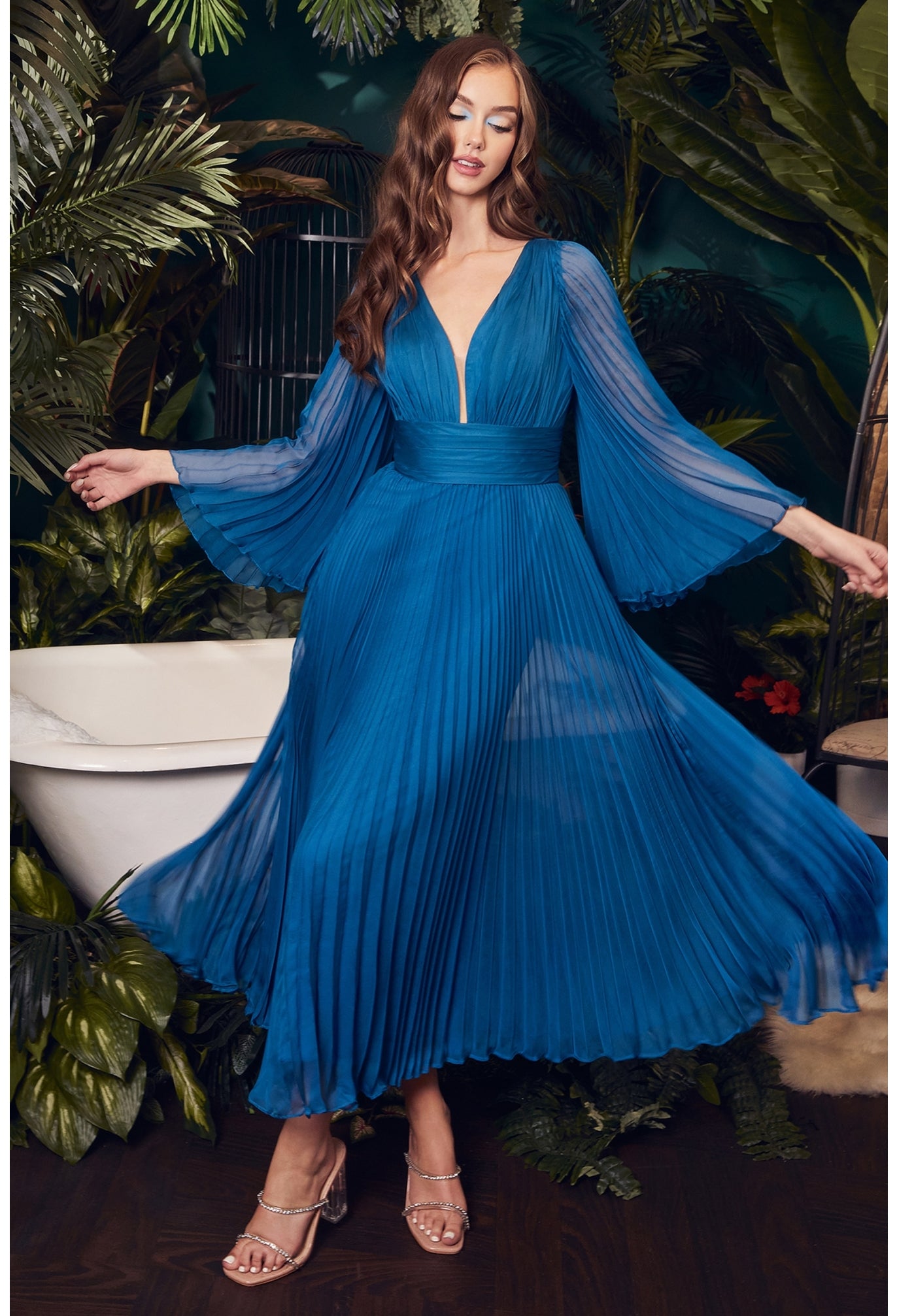 Pleated Chiffon Long Sleeve Tea Length Gown - Women Formal Evening Dress by Ladivine CD242S - Special Occasion/Curves Red / 12 Pleated Chiffon Long Sleeve Tea Length Gown - Women Formal Evening Dress by Ladivine CD242S - Special Occasion/Curves Red / 12