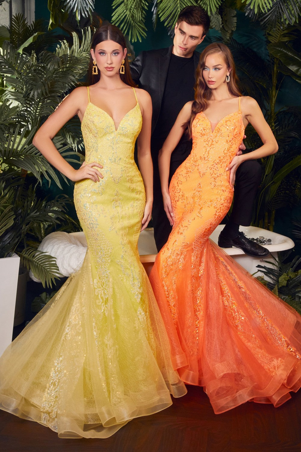 Yellow-Orange Glitter Printed Mermaid Gown CC2279 - Women Evening Formal Gown - Special Occasion