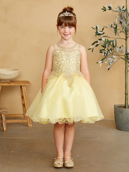 Yellow Girl Dress with Floral Applique Bodice - AS7013