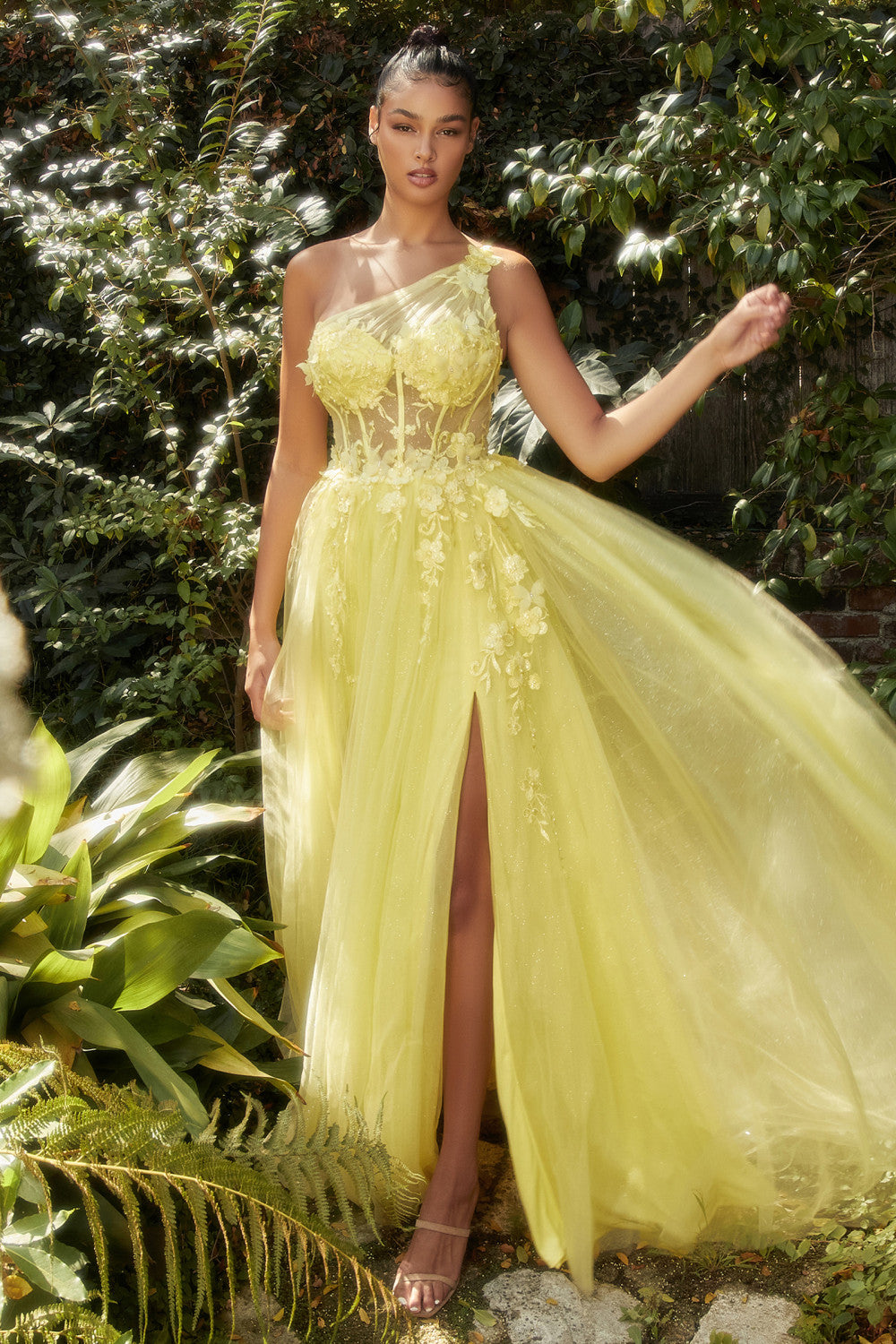 Yellow Lace One Shoulder Tulle Slit Gown A1140 Penelope Gown - Special Occasion