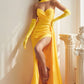 Yellow Strapless Satin with Gloves Slit Gown CD886 - Women Evening Formal Gown - Special Occasion-Curves
