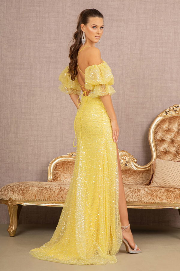 Yellow_1 Mesh Puff Sleeves Mermaid Women Formal Dress - GL3155 - Special Occasion-Curves