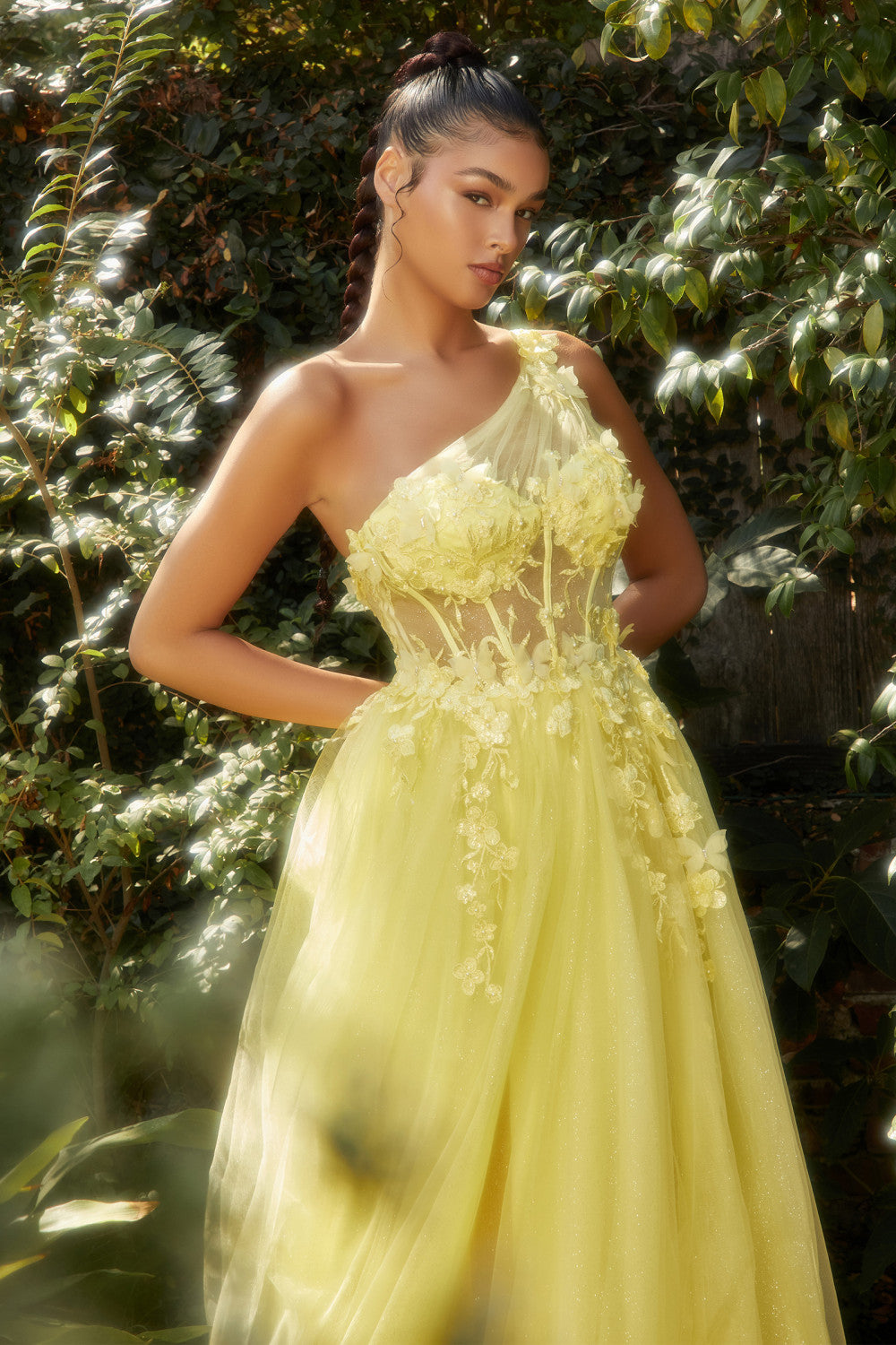 Yellow_2 Lace One Shoulder Tulle Slit Gown A1140 Penelope Gown - Special Occasion