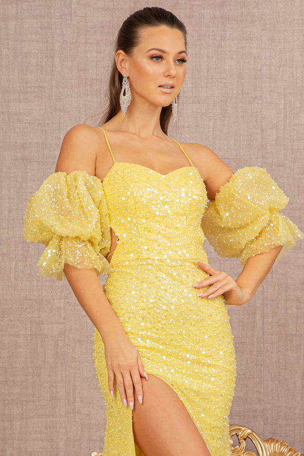 Yellow_2 Mesh Puff Sleeves Mermaid Women Formal Dress - GL3155 - Special Occasion-Curves